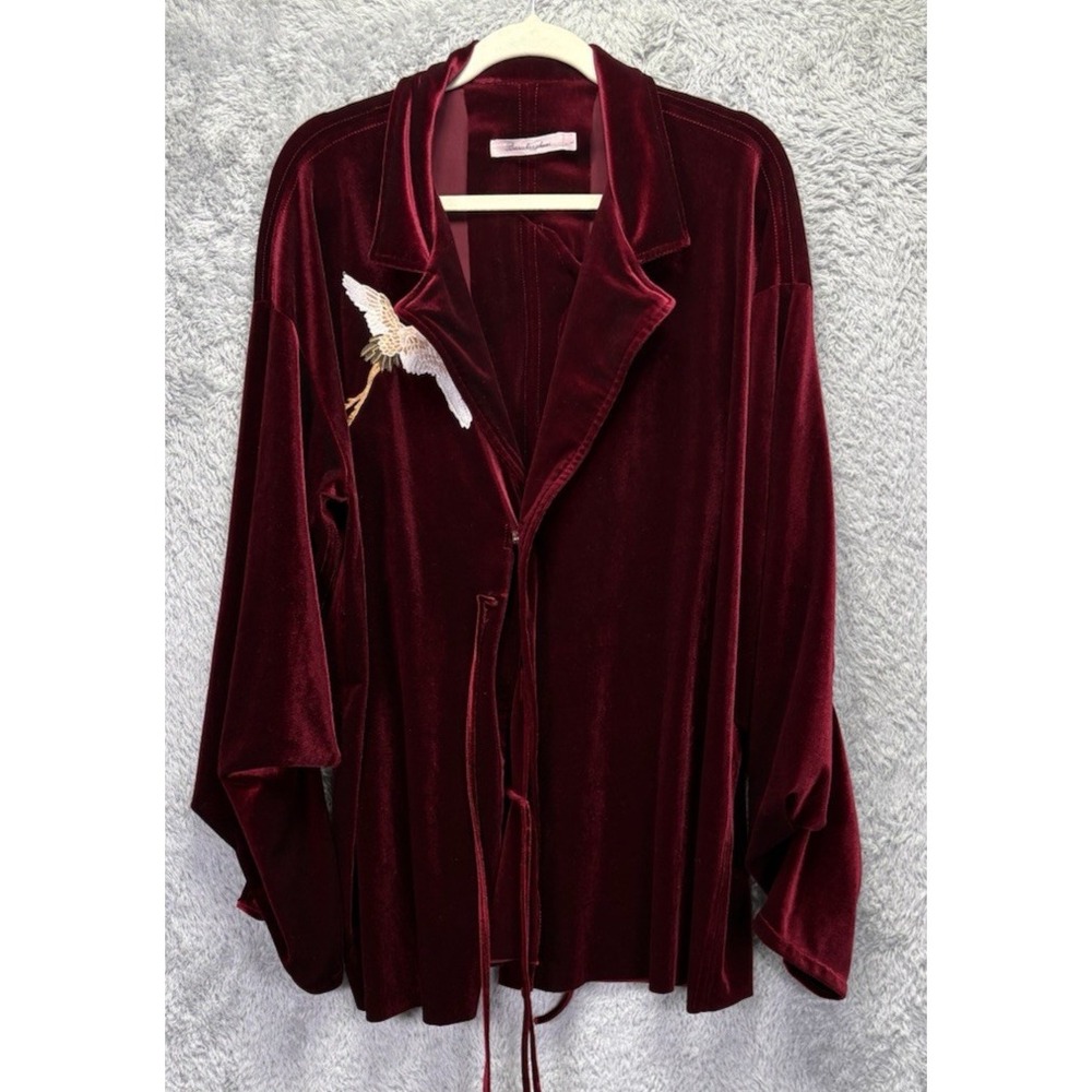 Japanese‎ Wine Velvet Women Embroidery Crowned Crane Kimono Bathrobe Sz L